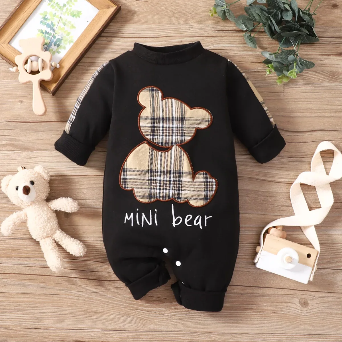 Hey Baby Spring and Autumn New Newborn Babies for Boys and Girls Plaid Patch Bear Long Sleeves Can Open One-piece Romper Clothes