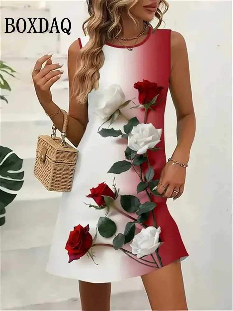 Blumen-Schmetterlingsdruck-Kleider für den Sommer 2022, Damen-Vintage-ärmelloses Minikleid, lässige Weste, lockeres Strand-Kurzkleid, Sommerkleid
