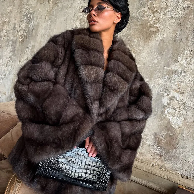 معاطف عصرية من الفرو الصناعي للنساء مع طية صدر السترة وأكمام طويلة من جلد الغزال سترة فضفاضة بطيات سترة شتوية ملابس خارجية عالية الشارع