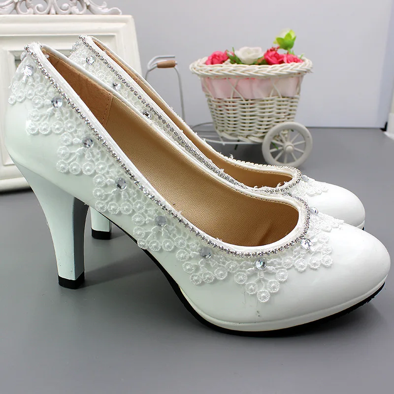 Spring and Autumn Fashion New Sexy Pumps Wedding PU 3 5 8CM Thin Heels Fashion Rhinestone Lace Shallow Women Shoes White