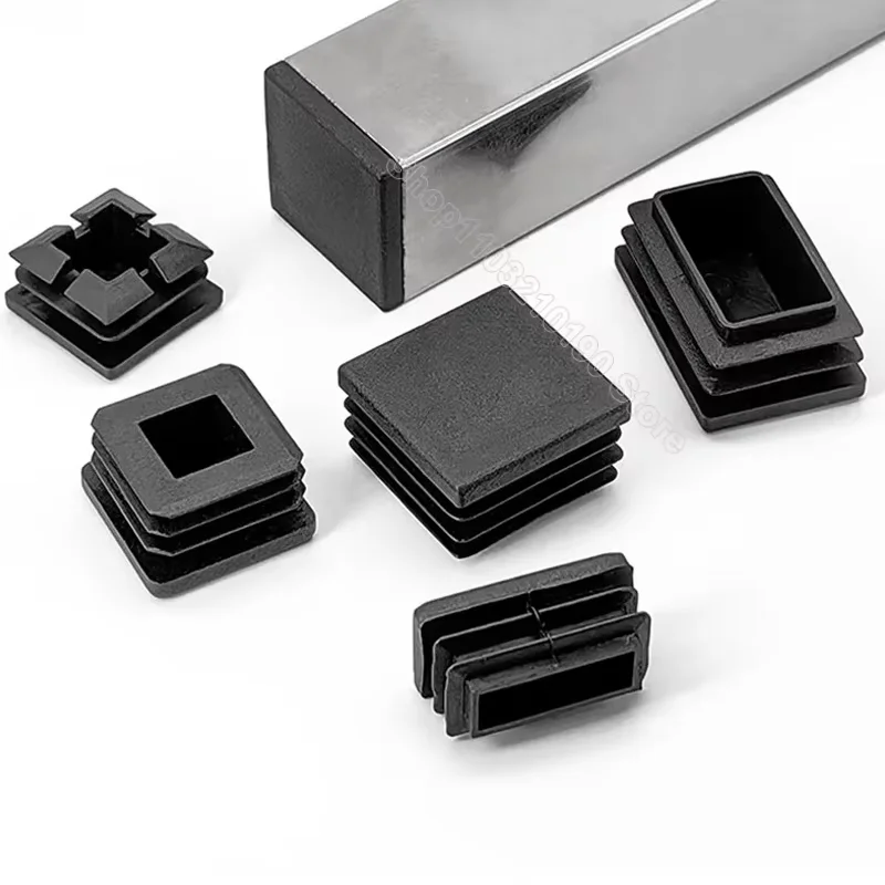 Tapón de tubo de acero Rectangular negro, pata de muebles de plástico de 10-160mm, Protector de pies antideslizante, almohadilla de tubo, tapa de extremo ciego, insertos