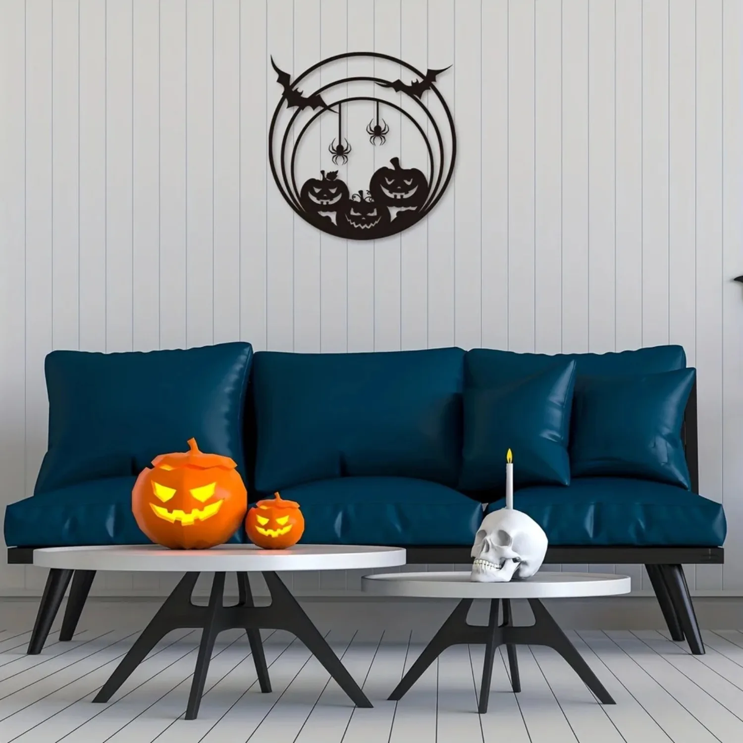 

Halloween Pumpkin Metal Wall Hanging - Spider Web & Bat Door Signal. Macabre Day of the Dead Wall Art for Home and Party