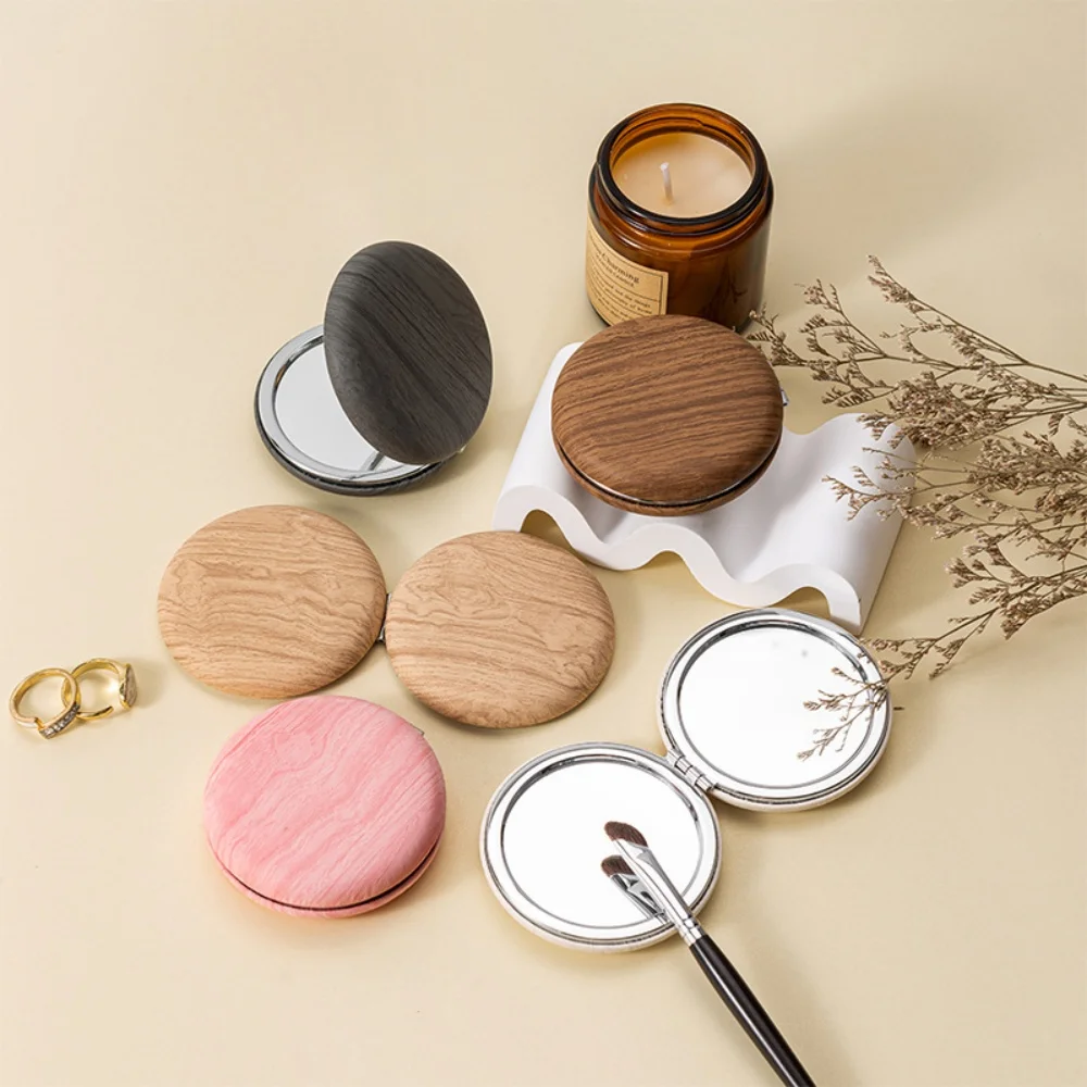 Authentic Vanity Mirror Faux Wood Skin Compact Travel Mirror Lightweight Round Cosmetic Glass Mirror Folding Decorative Mirror