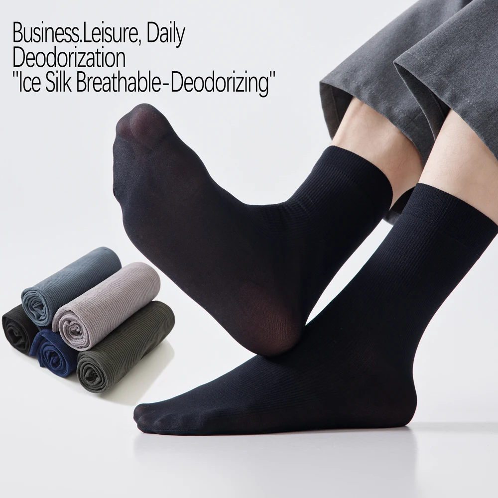 5Pairs Men's Breathable Mesh Ice Silk Socks Summer Thin Anti Odor Moisture Wicking Solid Color Business Casual Mid Calf Socks view 3