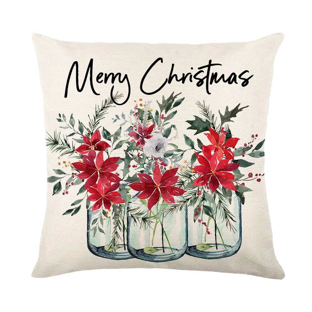 Christmas Decorative Pillow Cover Sofa Cushion Linen Cover Dwarf Elk Christmas Snow Print Pillowcase Holiday Decorations 45x45cm