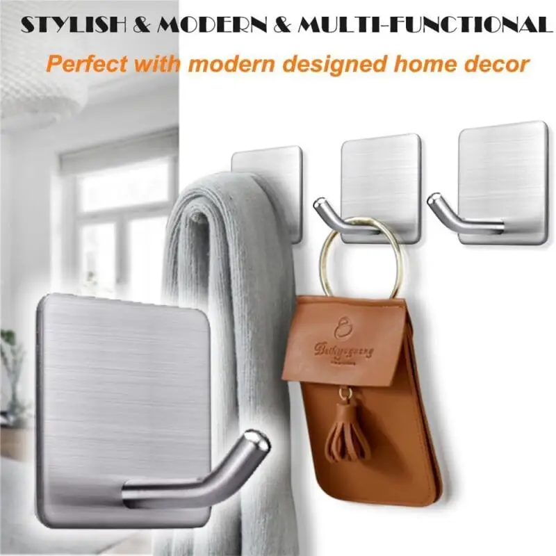 4Pcs Heavy Duty Adhesive Towel Hook Stainless Steel Sticky Hooks Silver Hanging Holder for Bathroom Kitchen No Drill Storage