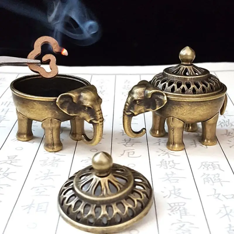 Brûleur d'encens en métal en forme d'éléphant porte-bonheur, bol brûleur d'encens lotus avec poignée, pour yoga, méditation, décoration intérieure, style ancien