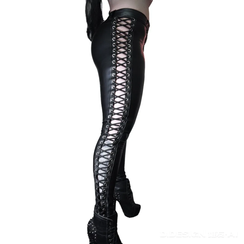 Damen Gothic Schnürhose Punk Rock Kunstlederhose Party Nacht Bar Sexy Lederleggings Tanz Disco Slim Hose – Detail 3