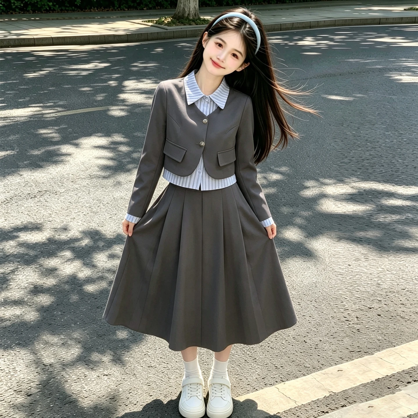 chic teen girls skirts clothes set Striped patchwork suit jacket Pleated long skirt junior kids Preppy style suit child outfits