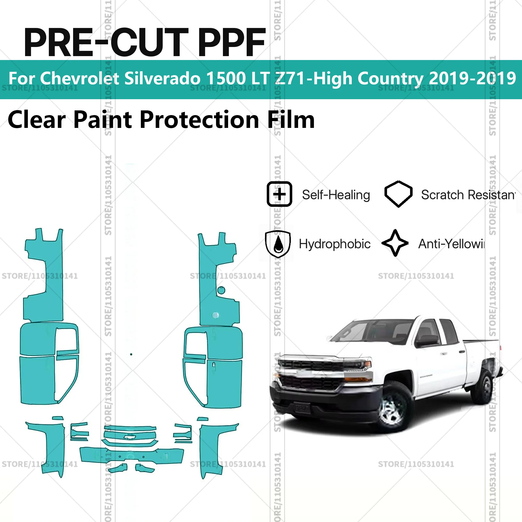 

Для Chevrolet Silverado 1500 LT Z71-High Country 2019-2019: Предварительно вырезанная прозрачная защитная пленка (PPF) для автомобиля