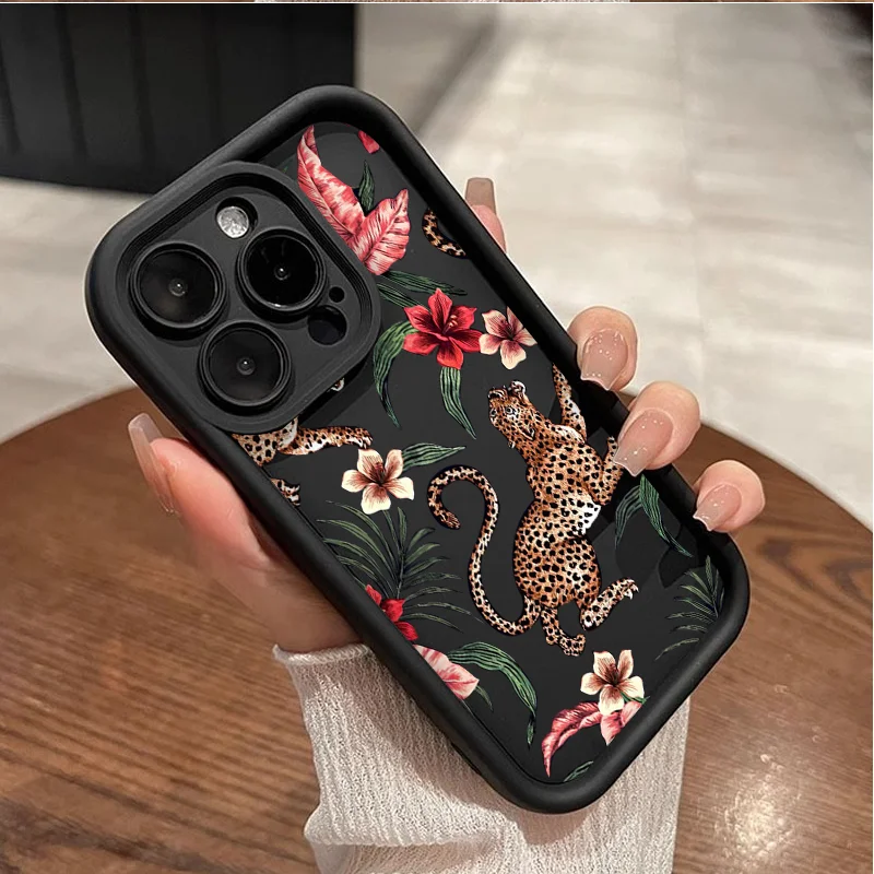 For IPhone 16 Pro Case Floral Leopard Eyes Silicone Phone Case for Iphone 11 12 13 14 15 Pro Max XS X XR 7 8 Plus SE 2022 Covers