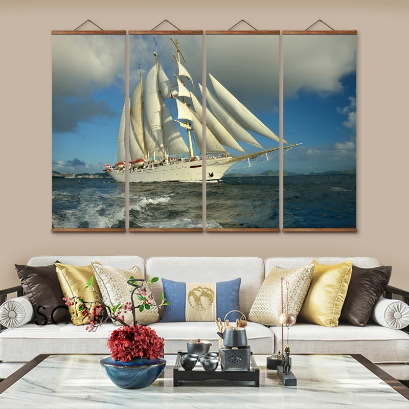 MT0105 Chinese Style Sailboat At Sea Decorative Wall Art Canvas Posters Solid Wood Scroll Paintings