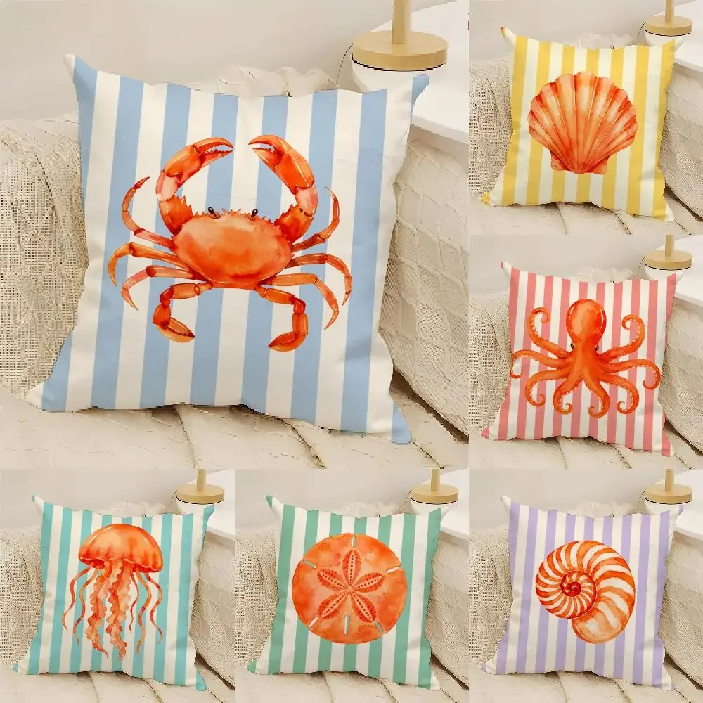 Nautical Watercolor Series Cushion Cover Natural Linen Organic Fabric Double-Sided Printing Sofa Home Decor Gift Pillow Cover