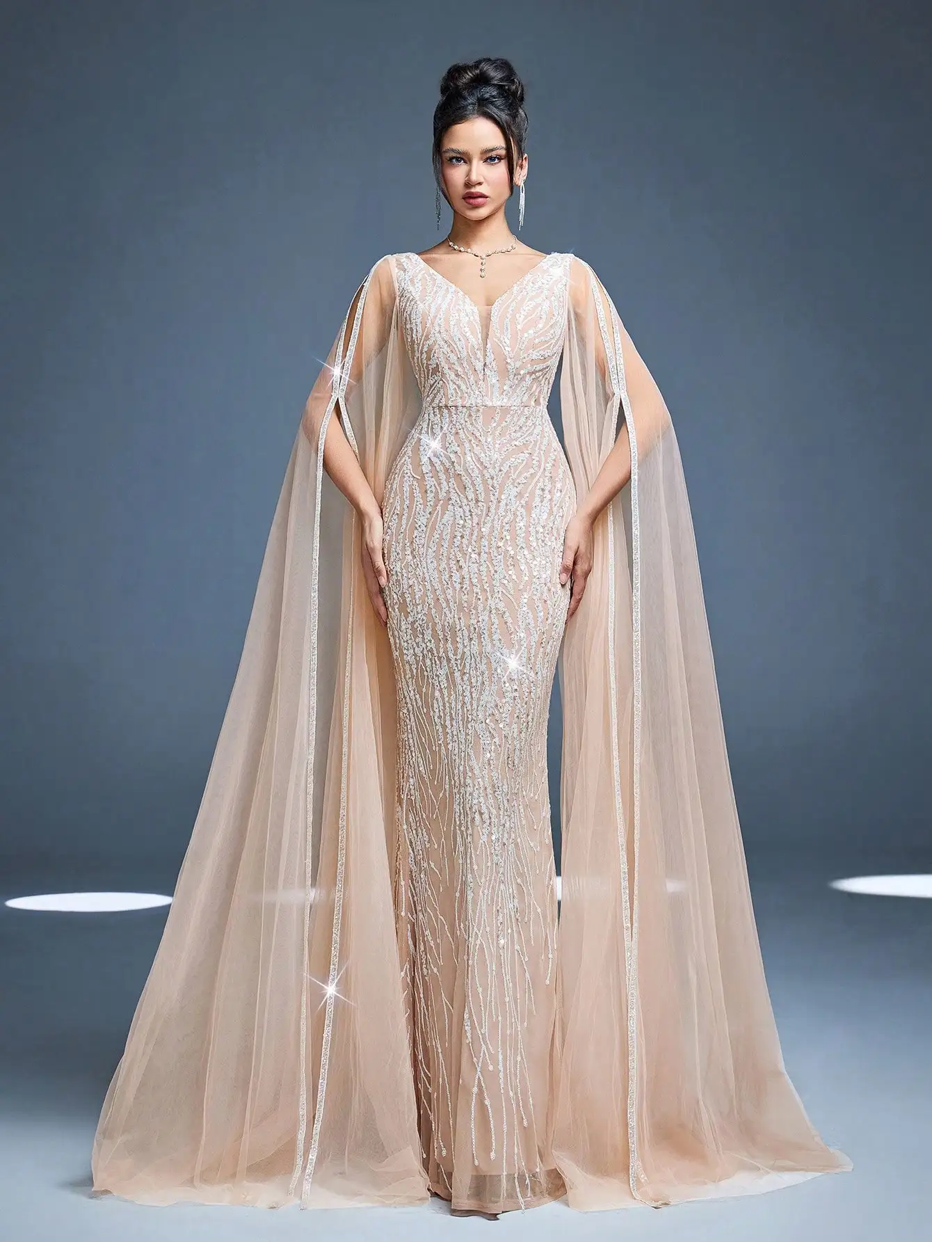 MgiacyV Mesh Net Sleeveless Double-layer Super-long Sleeve Form-fitting Beaded Slit Fish-tail Long Dress
