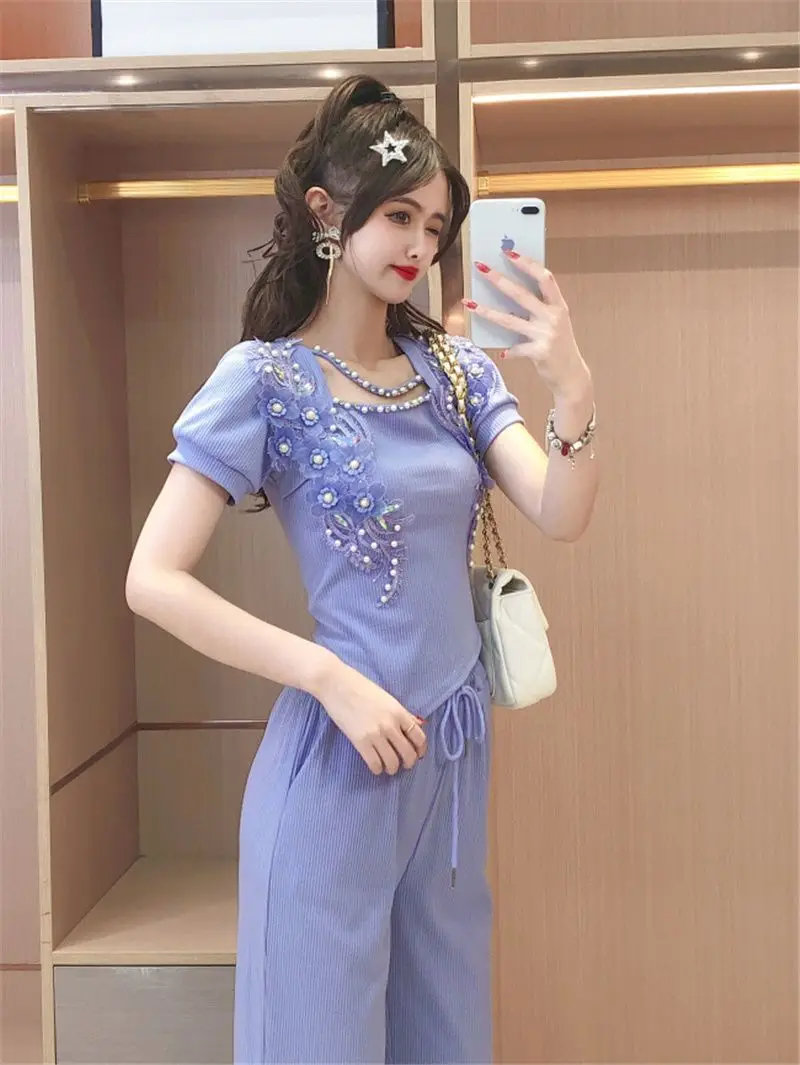 2024 Summer New Women's Fashion Style Water Diamond Nail Bead Sequins 3D Flower Top Wide Leg Pants Long Pants Two Piece Set