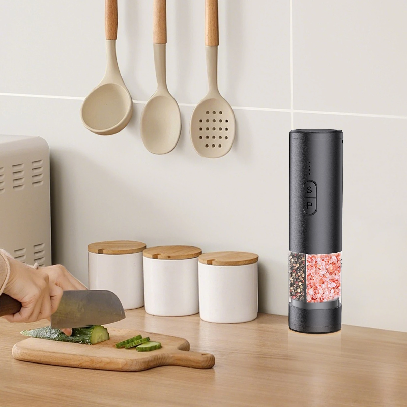 Electric pepper grinder Y8 two-in-one double silo double grinding head salt pepper mill simultaneous grinding powder grinder