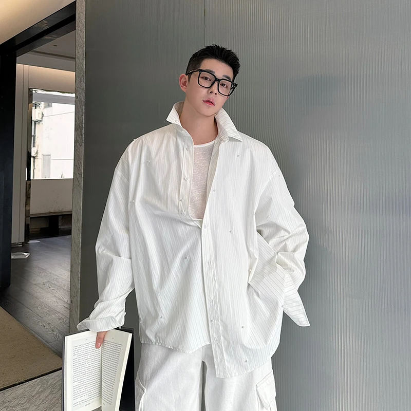 

Loose Fit Sle Pearl Embellied Oversized irt Versatile Casual irt for Men Youthful Trend Long Sve Collared