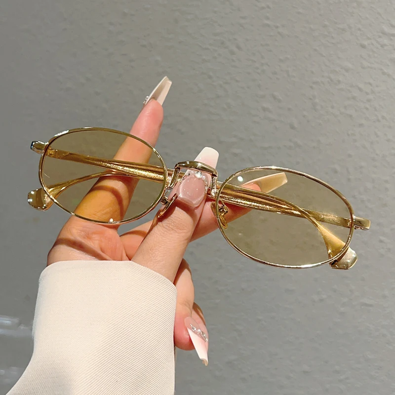 Gafas de Sol Ovaladas Vintage para Hombre, Montura Metálica Nueva, Gafas de Sol Decorativas para Exteriores, Gafas de Sol de Moda para Mujer, Diseño de Marca de Lujo