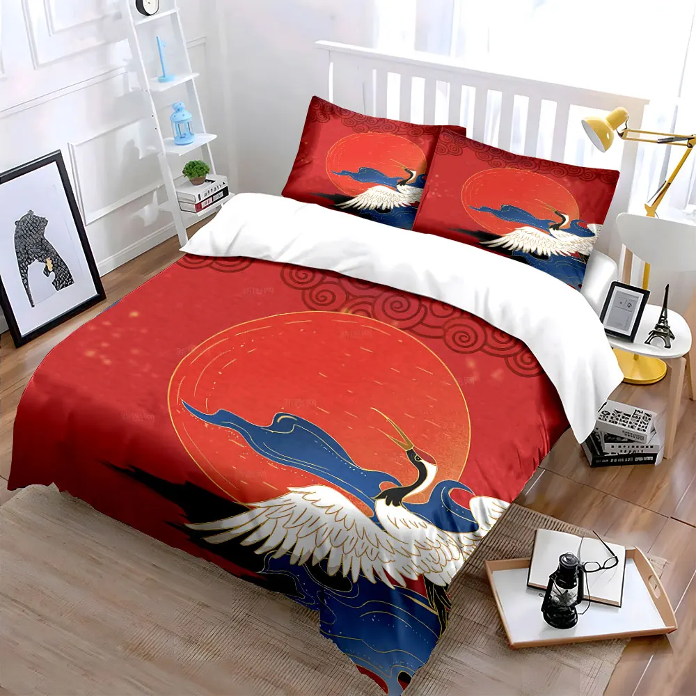 "Oriental Crane Art Decor Set" Soft Skin-Friendly Bedding Set Includes 1 Duvet Cover And 2 Pillowcase, Gift
