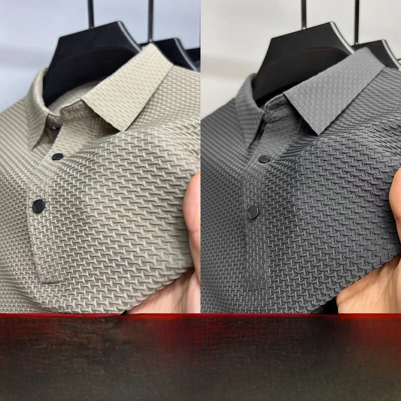 Ice Silk  Shirt Short Sleeve Men Summer Trendy High End Turn Collar Half Sleeve T-Shirt Fashion Slim Business Casual Top
