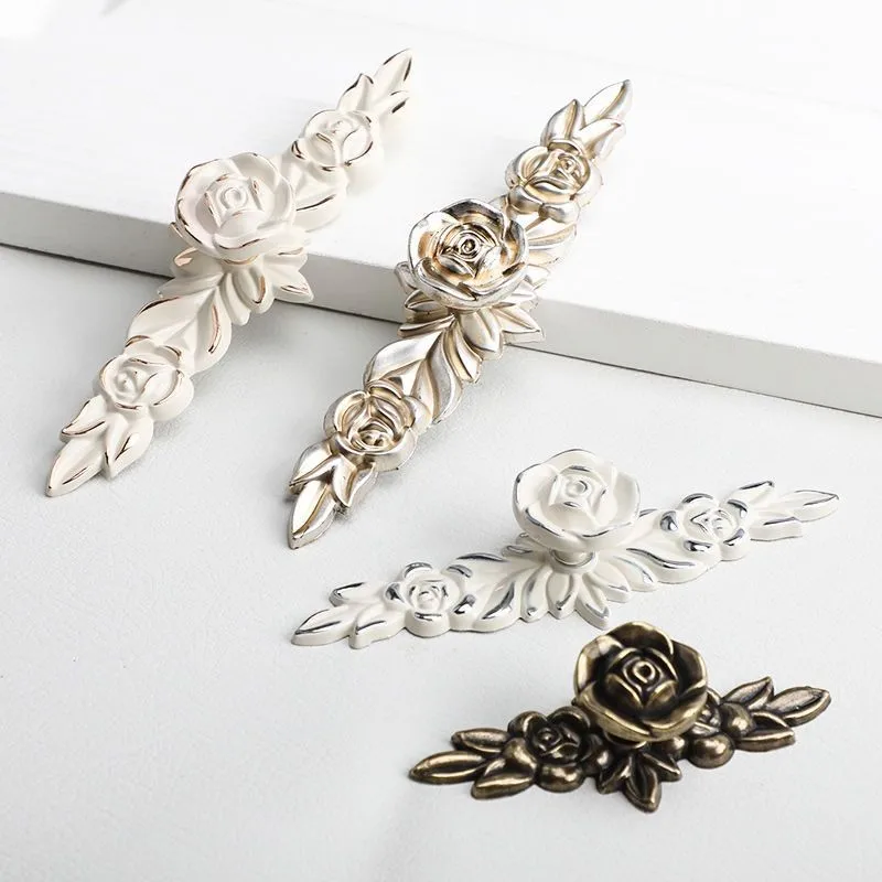 Lvory White Rose Flower Kitchen Cabinet Handles Zinc Alloy Drawer Knobs Wardrobe Cupboard Door Pulls Furniture Hardware