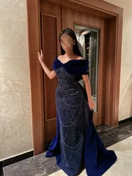 Shiny Navy Blue Prom Dresses Off Shoulder Velvet Sweetheart Floor Length Formal Evening Party Gown Cocktail Dress