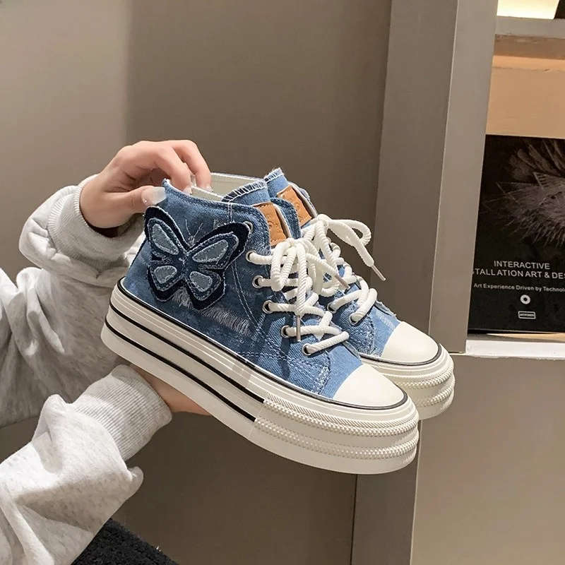 

FAD Z High Top Thi Bot Denim Canvas oes for Women Casual Versatile Knot Cross Tie round Toe Rubber Sole