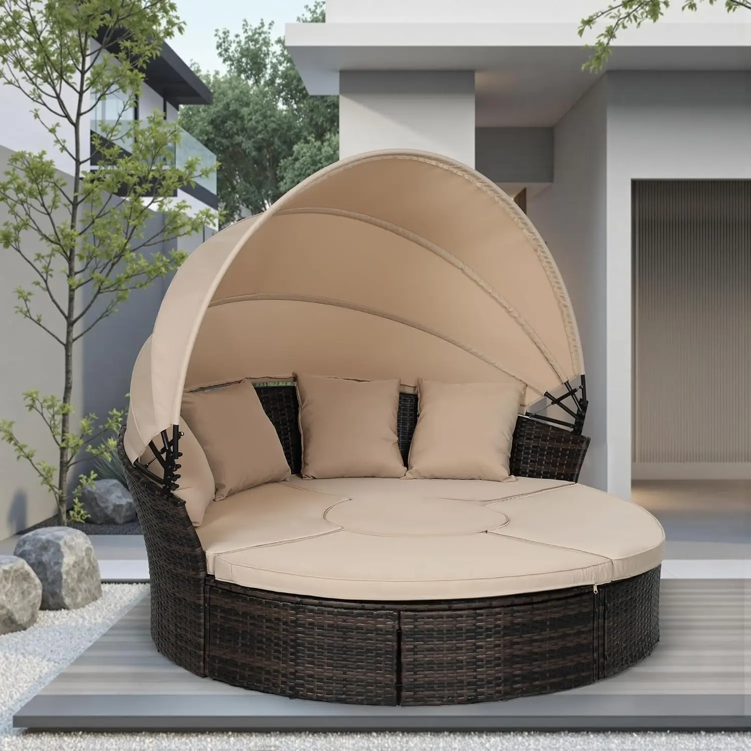 

Patio Round Daybed with Retractable Canopy, Black Wicker Rattan Sectional Sofa Furniture Set with Separated Cushion Seats for Pa