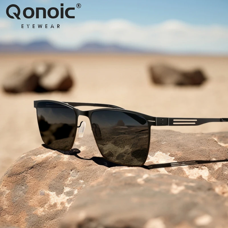 

QONOIC Men's Square Sunglasses Thin Lightweight Metal Sun Glasses Classic Driving Rectangle Sunglass New Design UV400 AJ02382