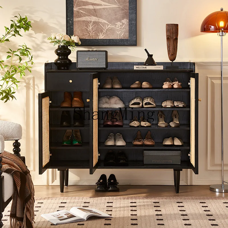 SM solid wood modern simple cabinet with drawers multi-functional layered storage breathable rattan shoe rack