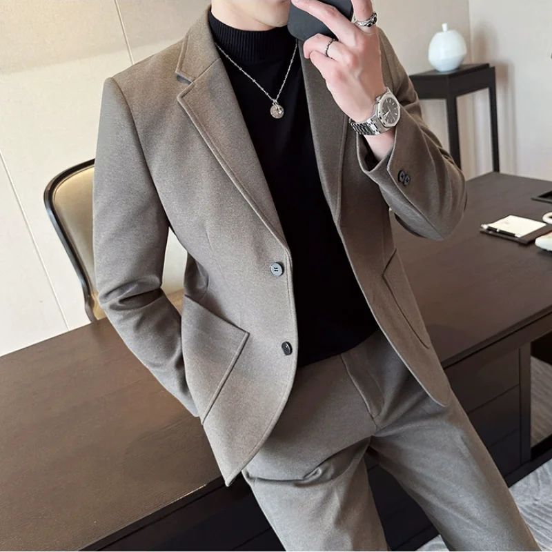 Plus Size 7XL-M ( Jacket+Pant）Autumn Winter Thickened Starry Sky Woolen Suit High Quality Slim Fit Business Social Casual 2 Pcs