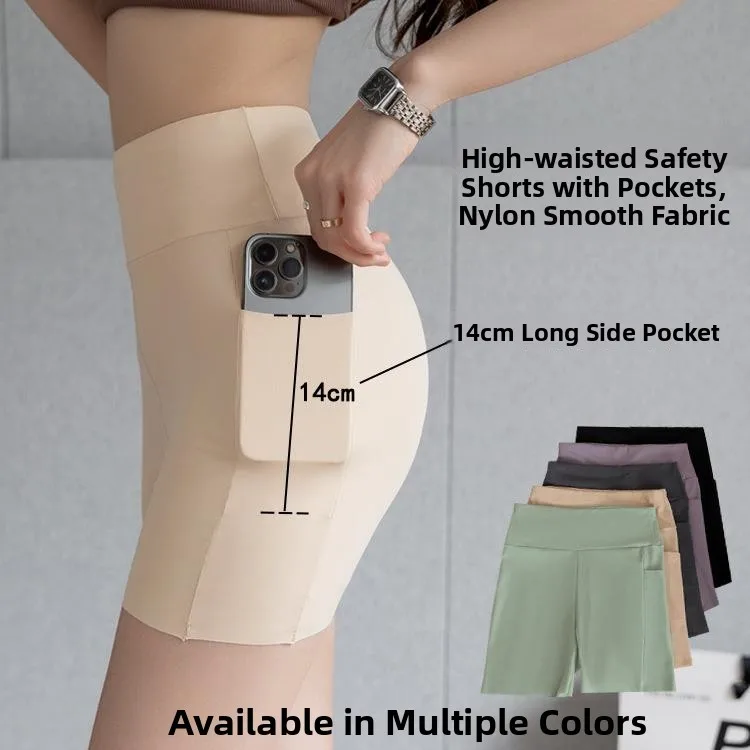 Women's Ice Silk Safety Pants with Side Pockets Bottom Skin-friendly Breathable Pure Color Base Layer Trousers