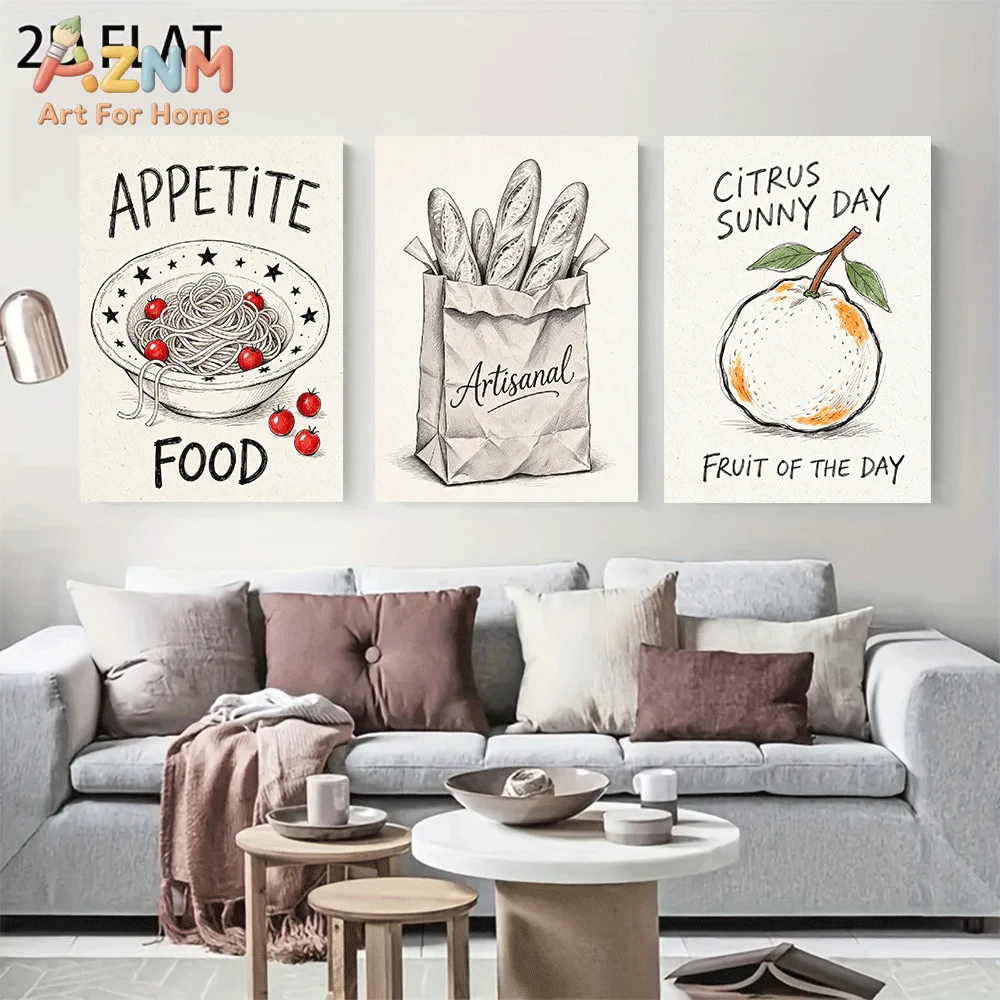 AZNM Frameless Canvas Wall Art, Sketch Spaghetti Baguette Orange Food Print, Vintage Kitchen Themed Wall Decor for Dining Room H