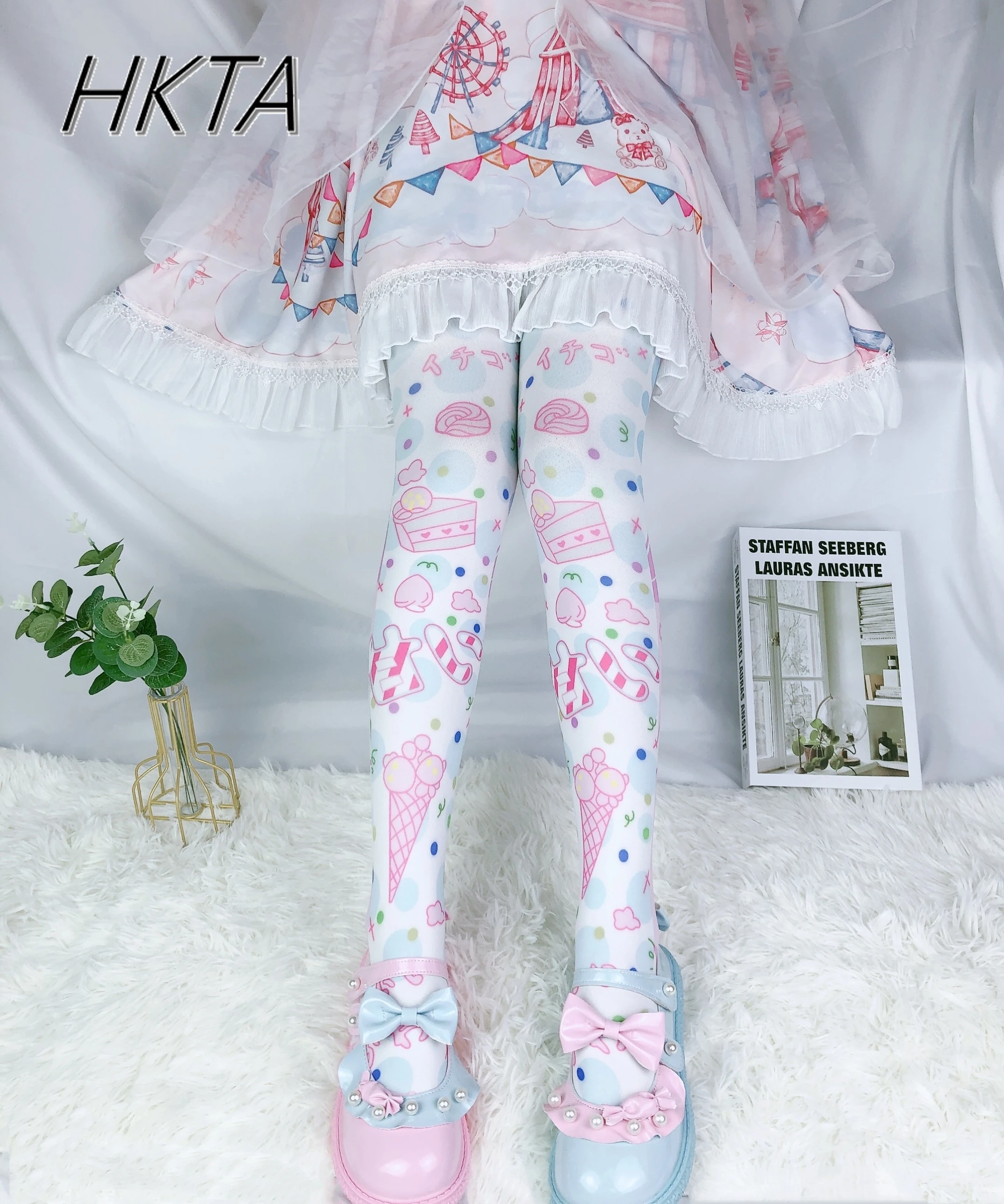 Japanese Princess Lolita Print Stockings Women Spring Summer Cute Lo Bottoms Socks Sweet Cute Cos White Knee High Socks