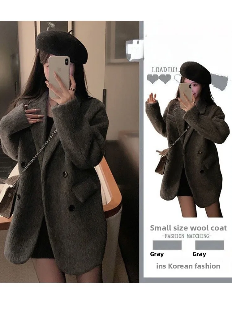 

Winter Woolen Jaet Women's Preppy Sle Suit Coat Simple Versatile Slimming Hepburn Sle Coat Princ Sweet Double Breasted