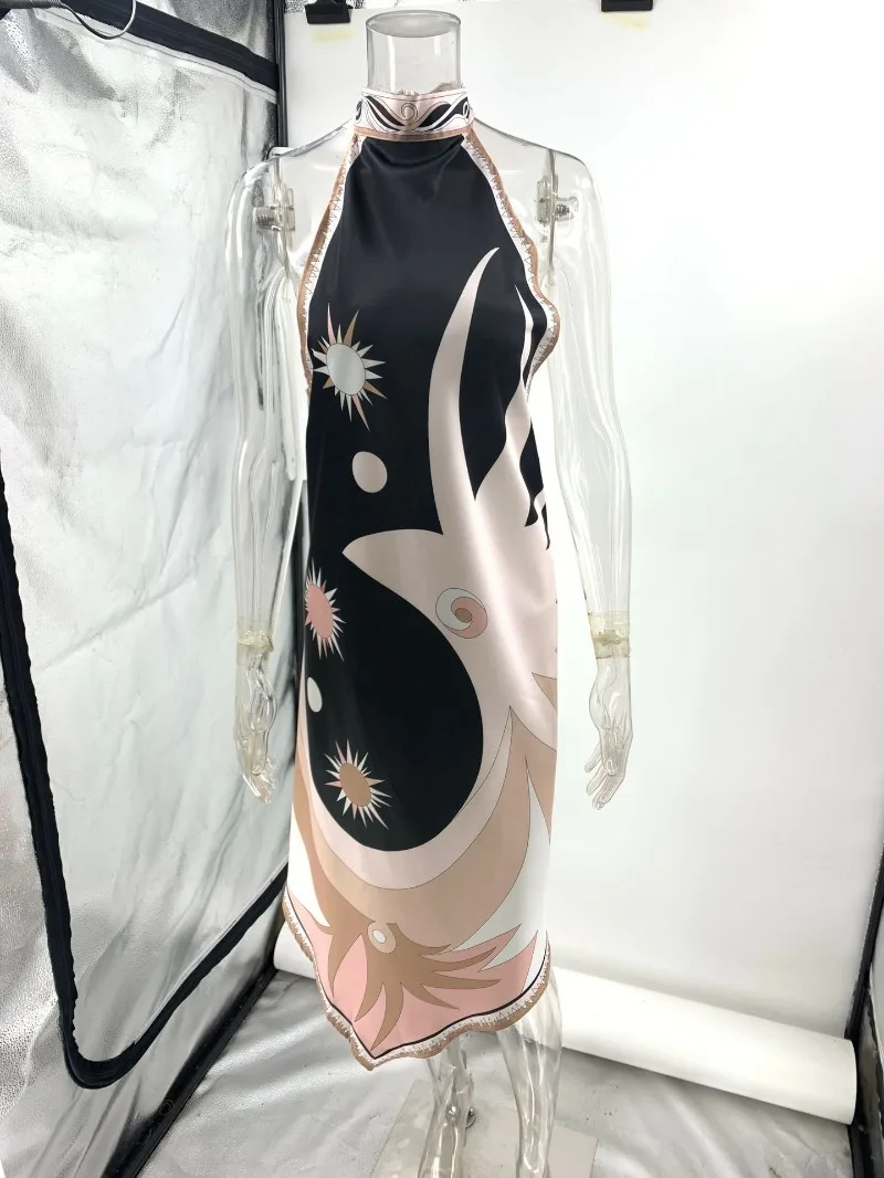 New Summer Sexy Halter Backless Printed Satin Vacation Beach Dress For Women Sleeveless Backless Loose Irregular Robe Vestidos