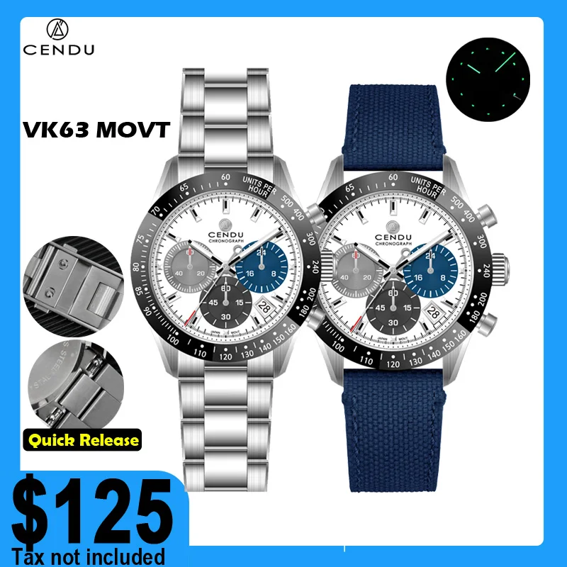 Cendu Chronogh Orologio da uomo Mecha Quarzo VK63 MOVT Vetro zaffiro Chiusura a mosca a sgancio rapido Personalizza il logo