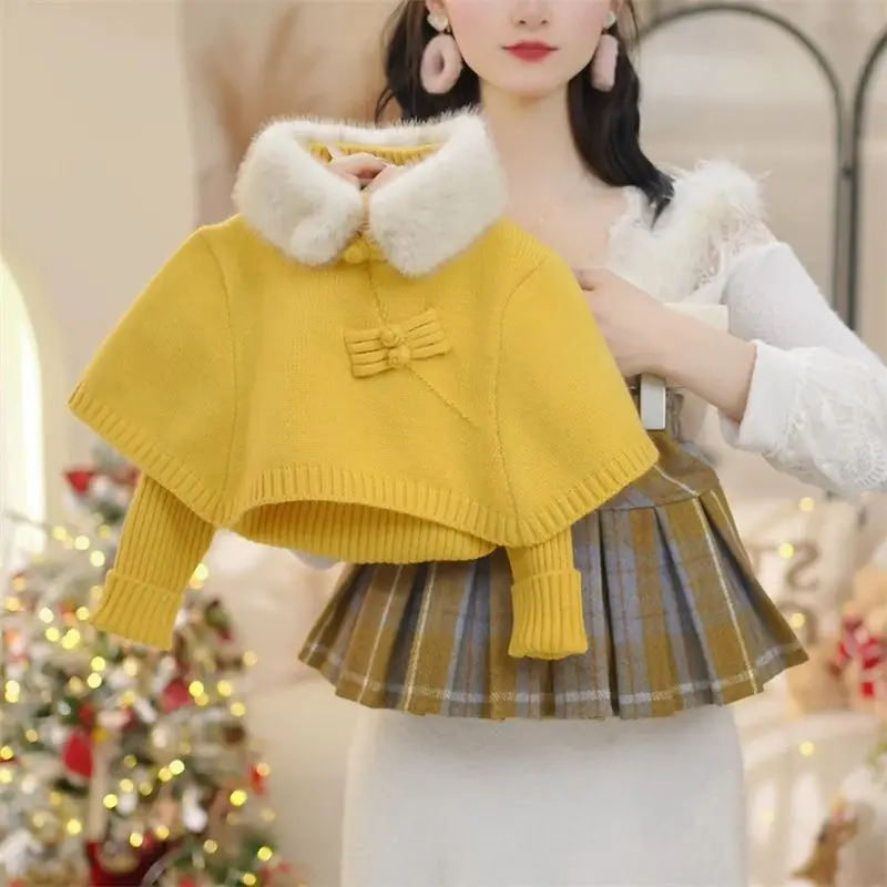 New Chinese Style Girls 2026 Autumn Winter New Yellow Button Down Faux Fur Collar Cape Sweater Plaid Pleated Skirt Two Piece Set