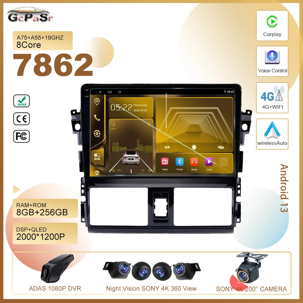 

7862 Android13 For Toyota Vios Yaris 2013 2014 2015 2016 Car Dvd Radio Stereo Multimedia Player 5G wifi GPS Navigation HDR QLED