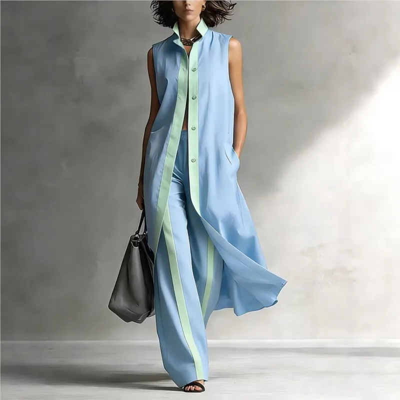 

Fashion Long Top+wide Leg Pants Office Two-piece Woman's Summer Fashion Sleeveless Single Breasted Cardigan Top With Pocket Suit