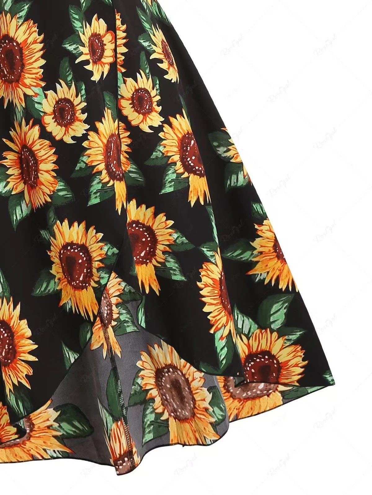 Plus-Size-Kleid mit Sonnenblumenmuster und tiefem Ausschnitt, Sommer-Urlaubs-Midikleid, lässiges und elegantes Design, perfekt für warmes Wetter. – Detail 5