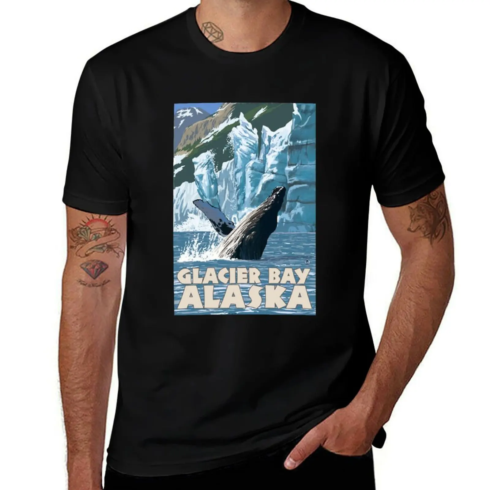 Glacier Bay National Park Splashing Whale Alaska Vintage Travel Decal T-Shirt Running Performance Short Sleeve Tee T-Shirt