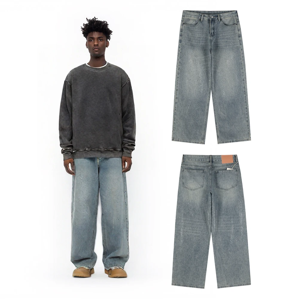 Pantalones holgados Ropa de calle Pantalones casuales retro desgastados Estilo callejero Jeans de mezclilla de algodón pesado con diamantes de imitación completos Ropa de hombre