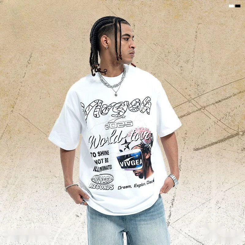 

Retro American Hip-hop Heavyweight Print Loose Summer Men's and Women's Short-sleeved T-shirts, Ins Tops Pure Cotton High Street