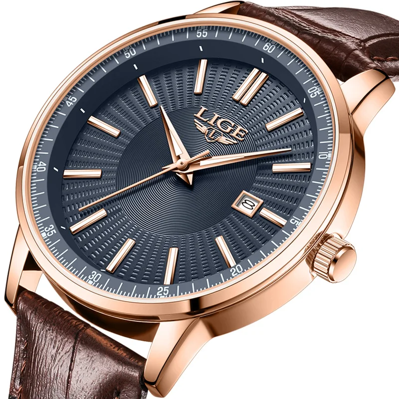 LIGE Herrenuhr Mode Lederarmband Herrenuhren Militär Sport Wasserdicht Kalender Quarz Armbanduhren Männliche Uhr Reloj Hombre