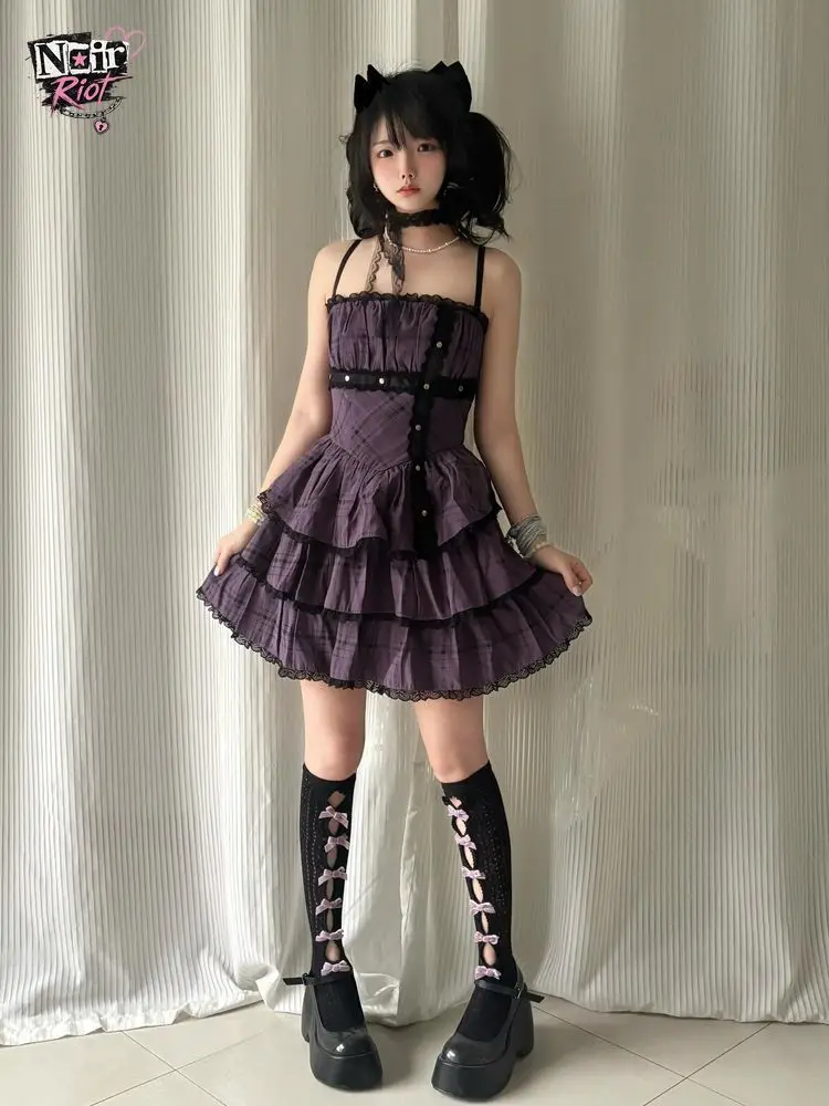Gothic Lolita Jirai Kei Y2K New Women 2 Piece Set Plaid Cami Mini Dress Cropped Jacket Lace Cake Hem Harajuku Street Wear Outfit