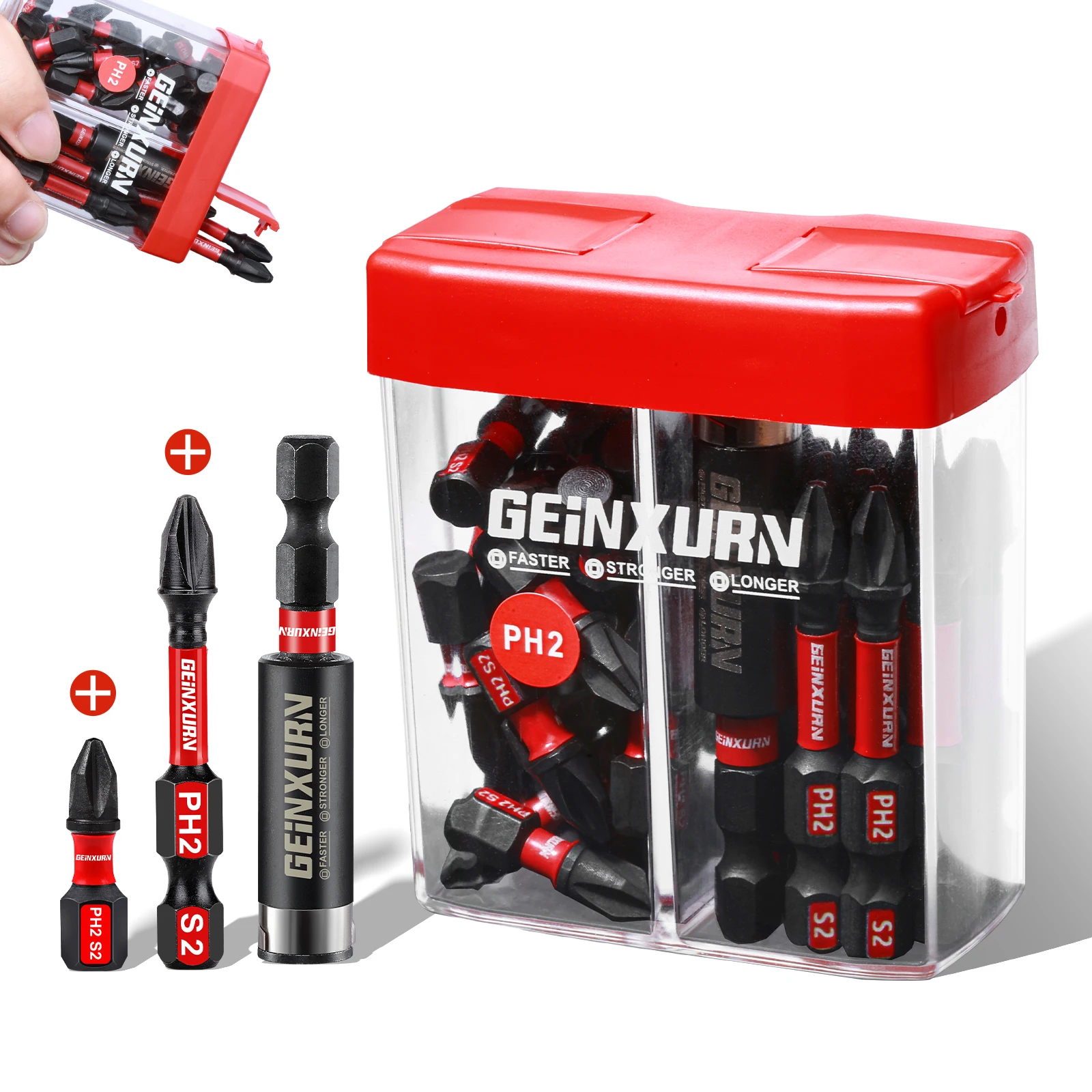Geinxurn 30 Pcs Impact #2 Phillips Screwdriver Bits Set, Magnetic PH2(1''and 2'') S2 Steel Driver Bits with Storage Colorful Box