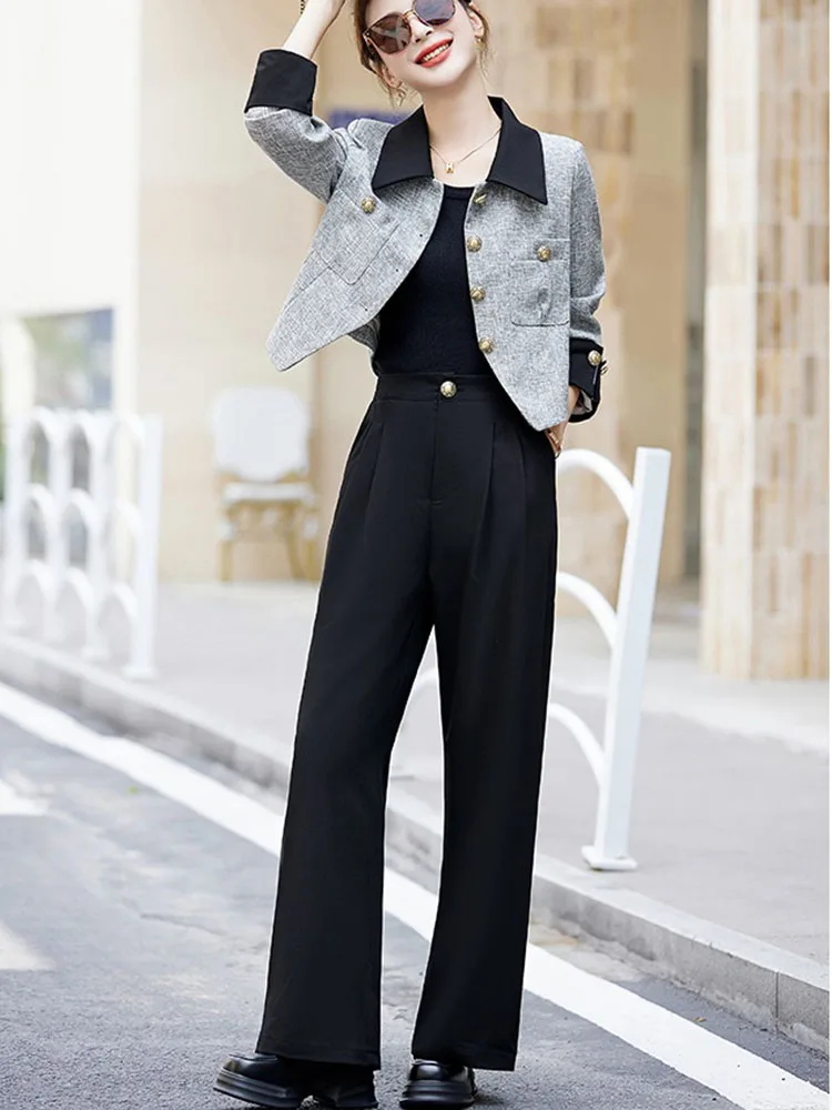 أزياء أنيقة متباينة اللون 2 قطعة مجموعة المرأة عارضة السراويل واسعة الساق Conjuntos واحدة الصدر البنطال القصير #5