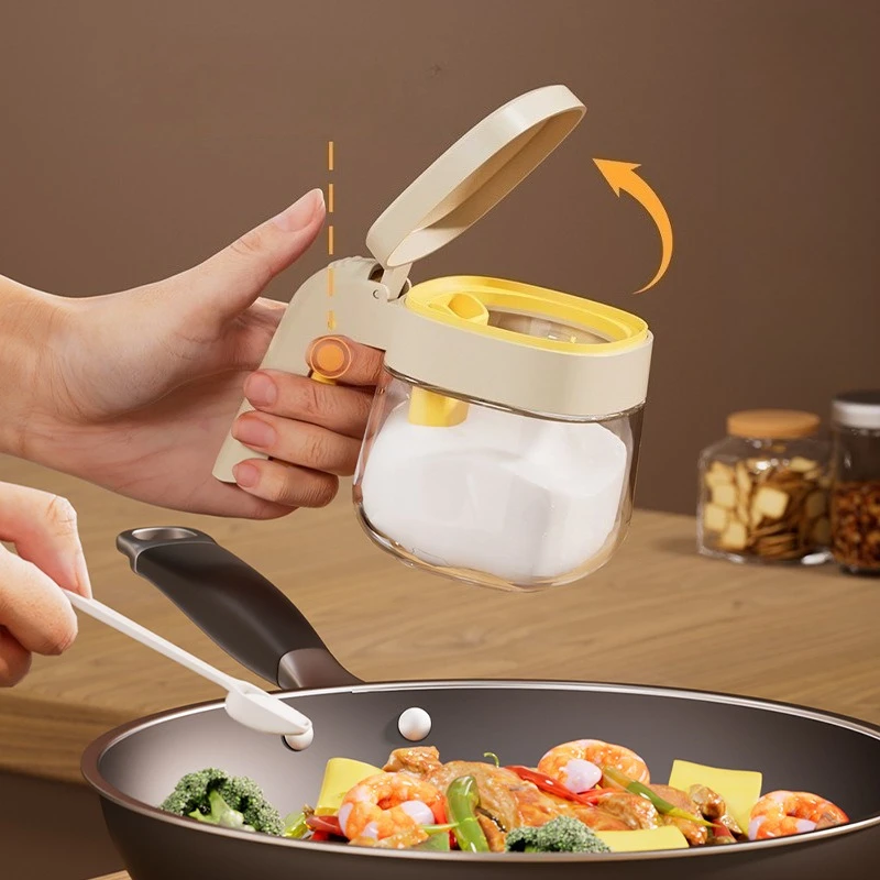 Creative Kitchen Glass Spice Jar with Spoon Flip Top Single Handle Press Type Seasoning Container