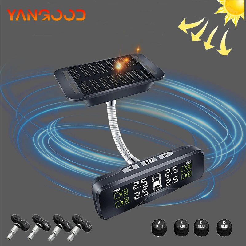 

Yangood Tire pressure Monitoring TPMS 4 Sensors System Solar Charging Tire Pressure Temperature Display Accurate Safety Alarm